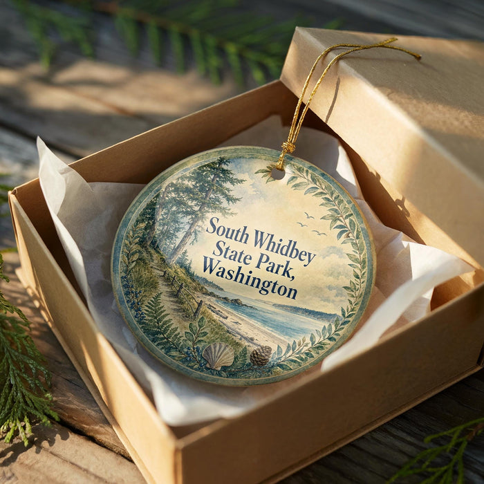 A decorative ornament in a brown box, featuring a scenic landscape with a beach, mountains, and trees.