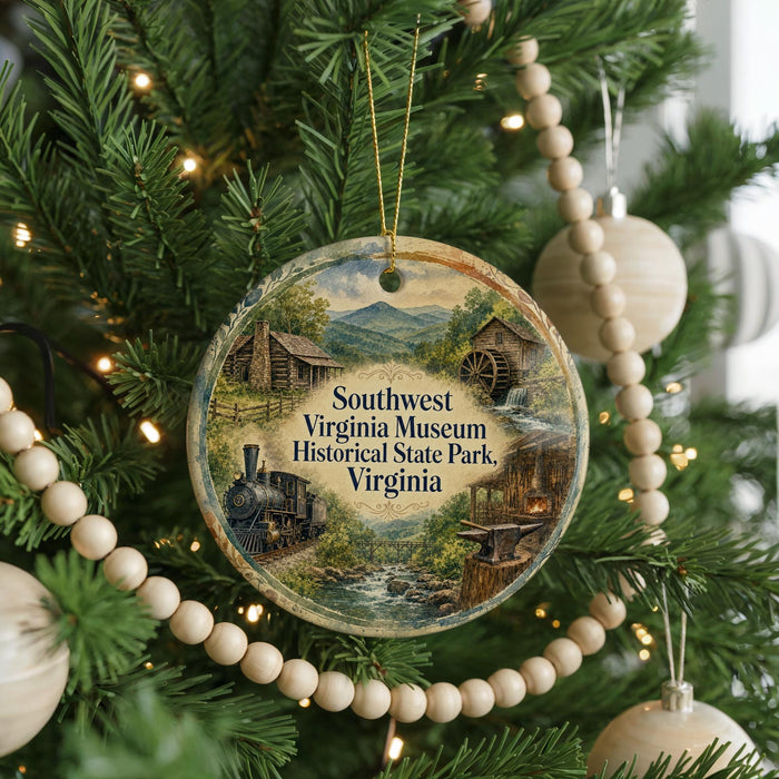 A Christmas tree ornament featuring a scenic image of the Southwest Virginia Museum Historical State Park, Virginia.
