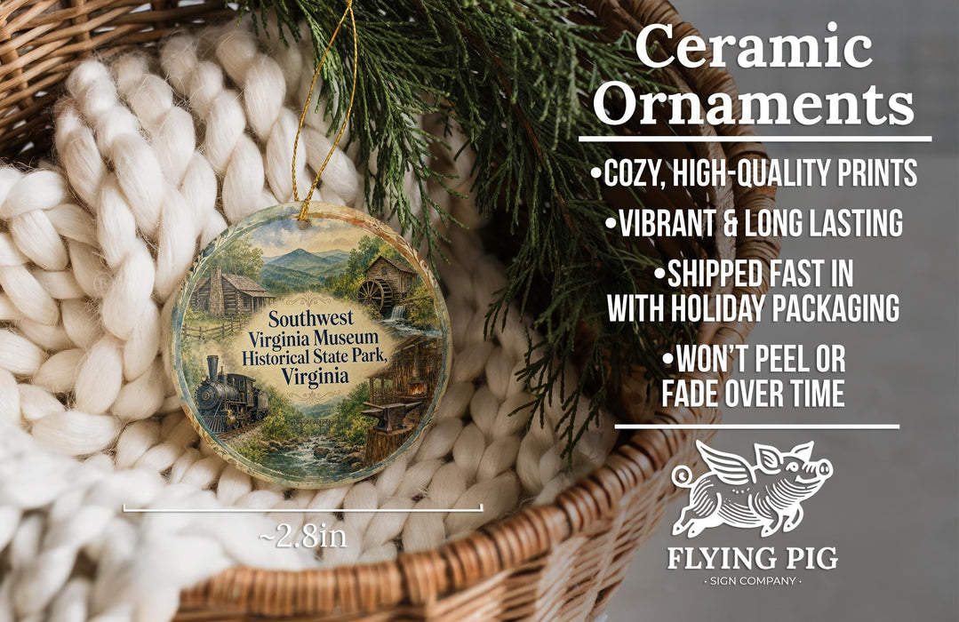 Ceramic ornaments, featuring a decorative piece with a scenic image of the Southwest Virginia Museum Historical State Park, displayed in a wicker basket.
