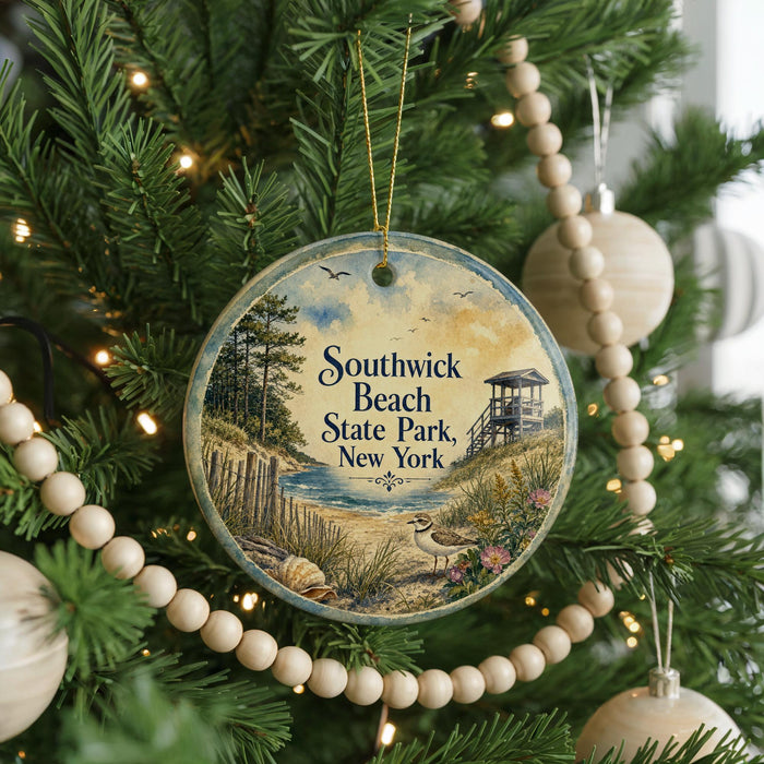 A round ornament hanging on a Christmas tree, featuring a scenic image of the Southwick Beach State Park in New York.
