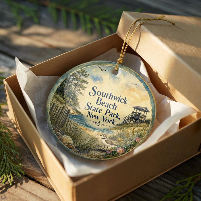 A round ornament in a box, featuring a scenic landscape with a beach, a pier, and a bird in flight.