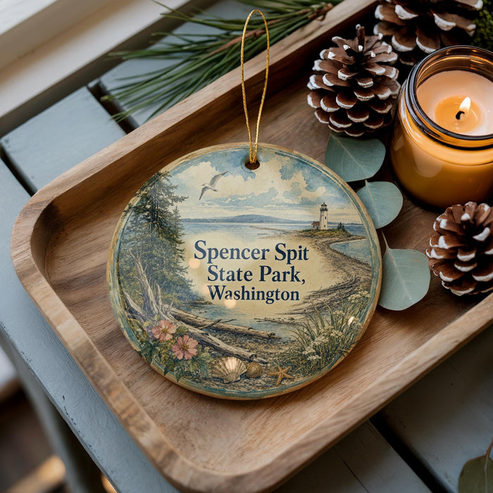 A decorative ornament with a lighthouse and a scenic landscape, placed on a wooden tray alongside pine cones and a lit candle.