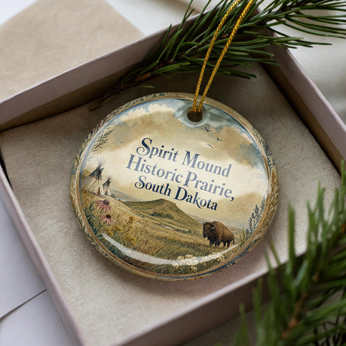 A decorative ornament in a box, featuring a scenic landscape with a bison and a Native American figure, surrounded by pine branches.
