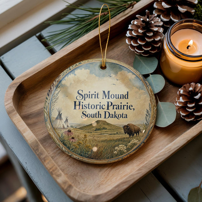 A wooden tray with a decorative ornament featuring a pastoral scene of a bison grazing in a field, surrounded by pine cones and a lit candle.