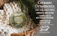Ceramic ornaments, featuring a design of Spring Creek State Park, Washington, are displayed in a woven basket.