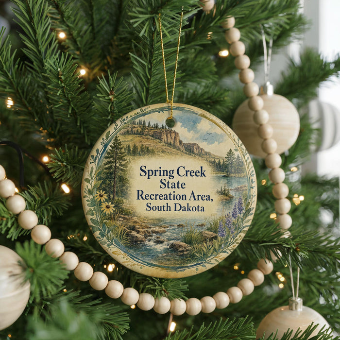 A round ornament hanging on a Christmas tree, featuring a scenic landscape of a river and mountains.