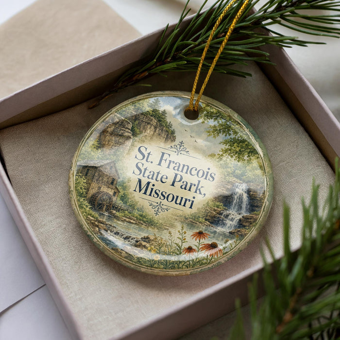 A decorative ornament in a box, featuring a scenic image of St. Francis State Park in Missouri.
