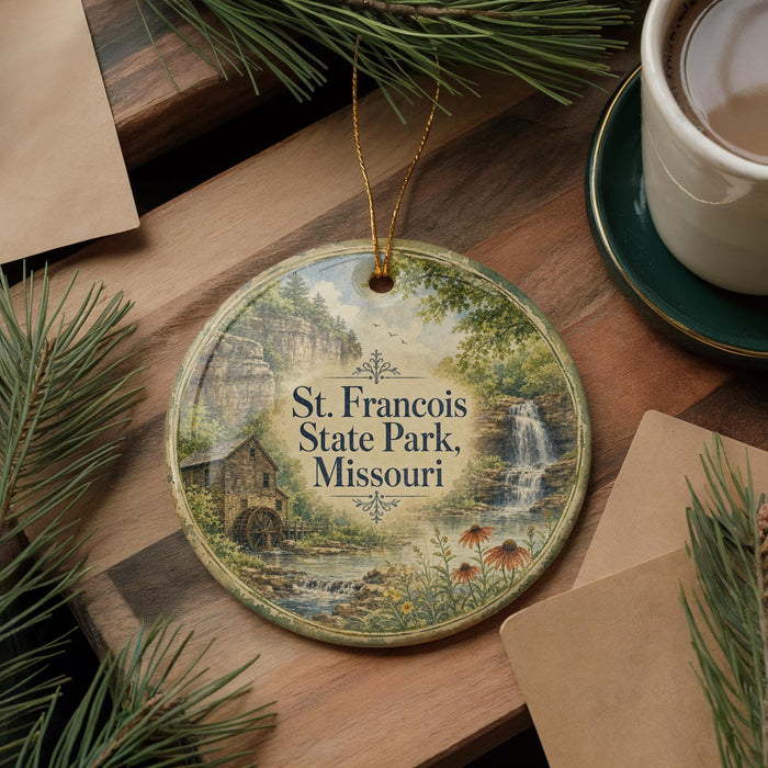 A decorative ornament featuring St. Francois State Park, Missouri, with a scenic landscape and a waterfall. The ornament is hanging on a wooden surface, surrounded by pine branches and a cup of coffee.