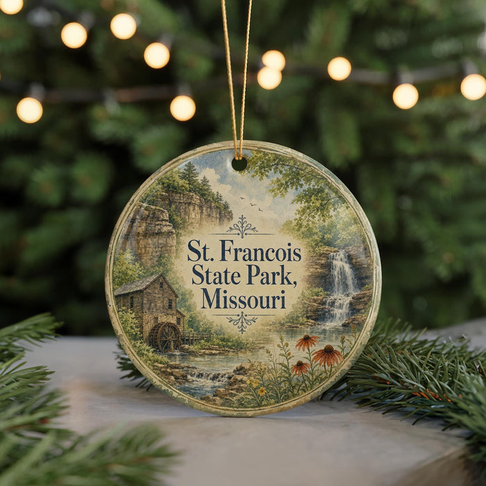 A round ornament with a scenic image of St. Francois State Park, Missouri, featuring a waterfall, a house, and flowers.