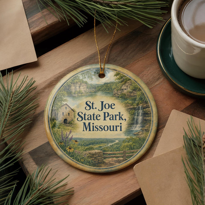 A round ornament with a scenic image of St. Joe State Park, Missouri, hanging on a wooden surface.