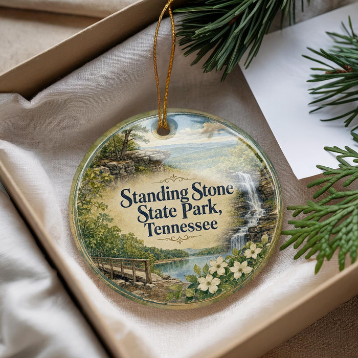 A round ornament with a scenic image of Standing Stone State Park, Tennessee, hanging from a string.