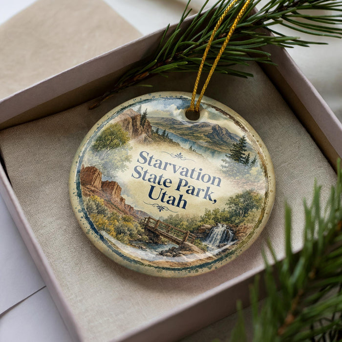 A decorative ornament in a box, featuring a scenic landscape with mountains, trees, and a waterfall.
