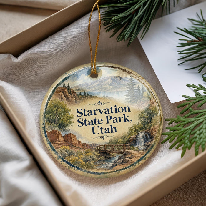 A round ornament with a scenic landscape of mountains, trees, and a waterfall, hanging from a string.