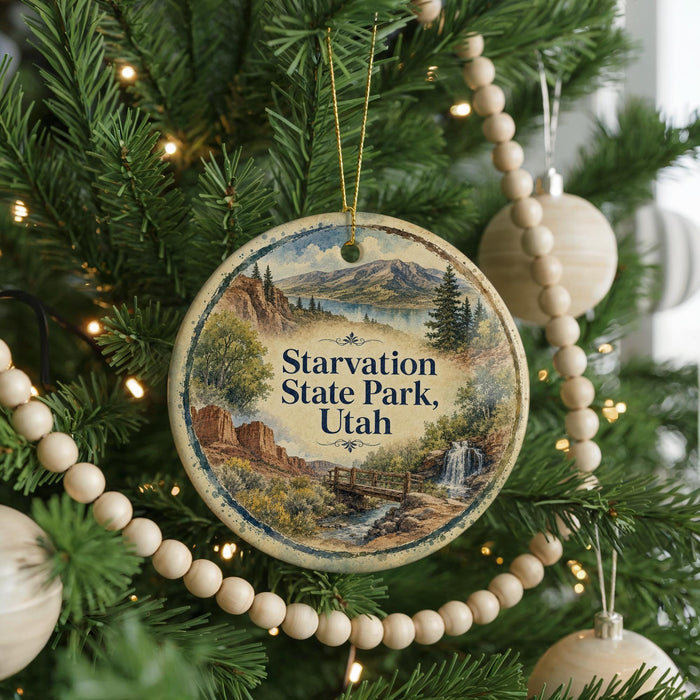 A round ornament hanging on a Christmas tree, featuring a scenic landscape with mountains, a waterfall, and a bridge.