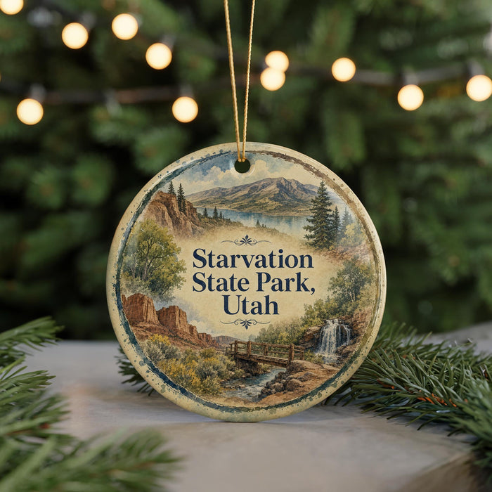 A circular ornament with a scenic landscape of mountains, trees, and a waterfall, featuring the text "Starvation State Park, Utah".