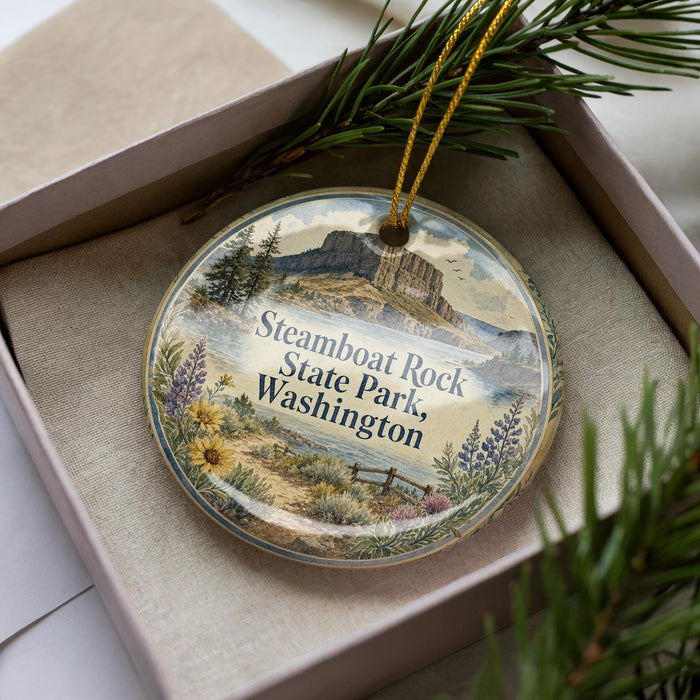 A decorative ornament in a box, featuring a scenic image of Steamboat Rock State Park in Washington.
