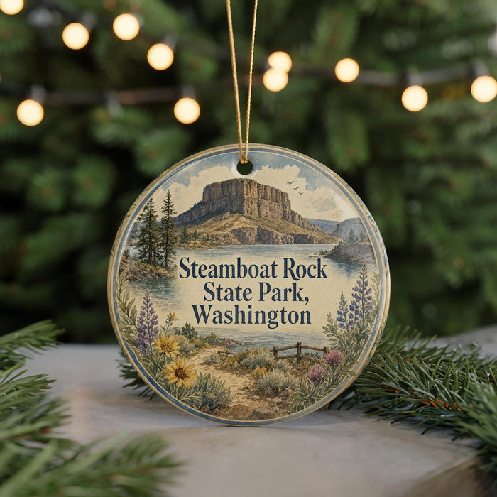 A round ornament with a scenic image of Steamboat Rock State Park in Washington, surrounded by pine branches and greenery.