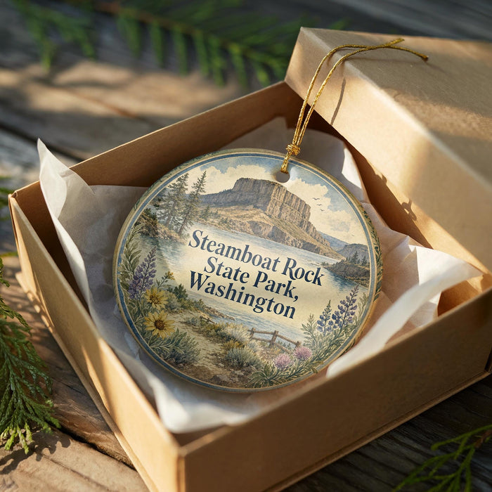 A decorative ornament in a wooden box, featuring a scenic landscape with mountains and a river, along with the text "Steamboat Rock State Park, Washington".