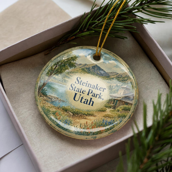A decorative ornament in a box, featuring a scenic landscape with mountains, trees, and a lake.