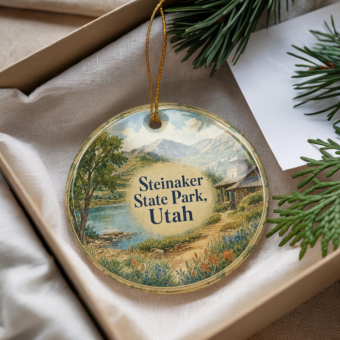 A round ornament with a scenic landscape of Steiner State Park, Utah, featuring mountains, a lake, and a cabin.