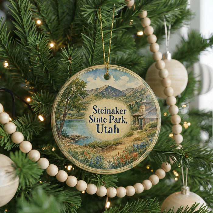 A round ornament hanging on a Christmas tree, featuring a scenic landscape with mountains, a lake, and a cabin.