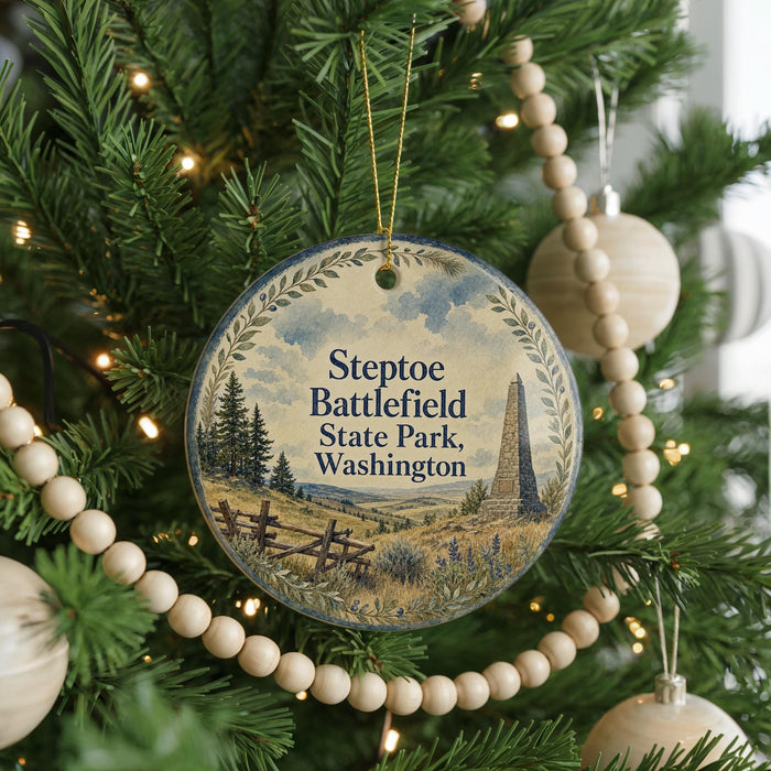 A round ornament hanging on a Christmas tree, featuring a scenic image of Steptoe Battlefield State Park in Washington.