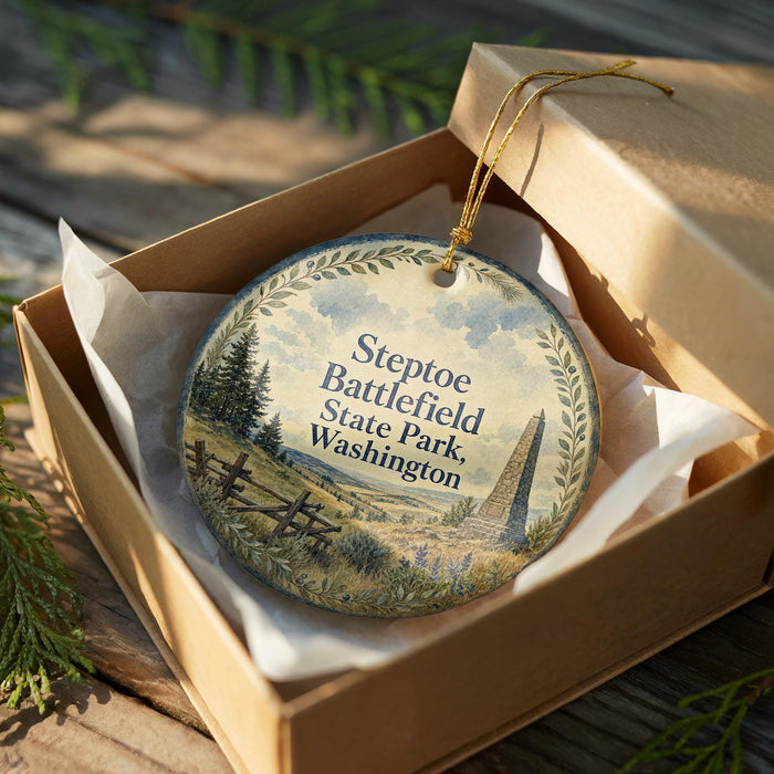 A decorative ornament in a wooden box, featuring a scenic landscape with a tall structure in the background.