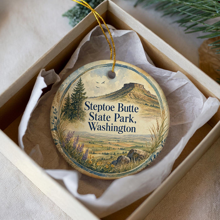 A decorative ornament in a box, featuring a scenic landscape with mountains, trees, and a body of water.