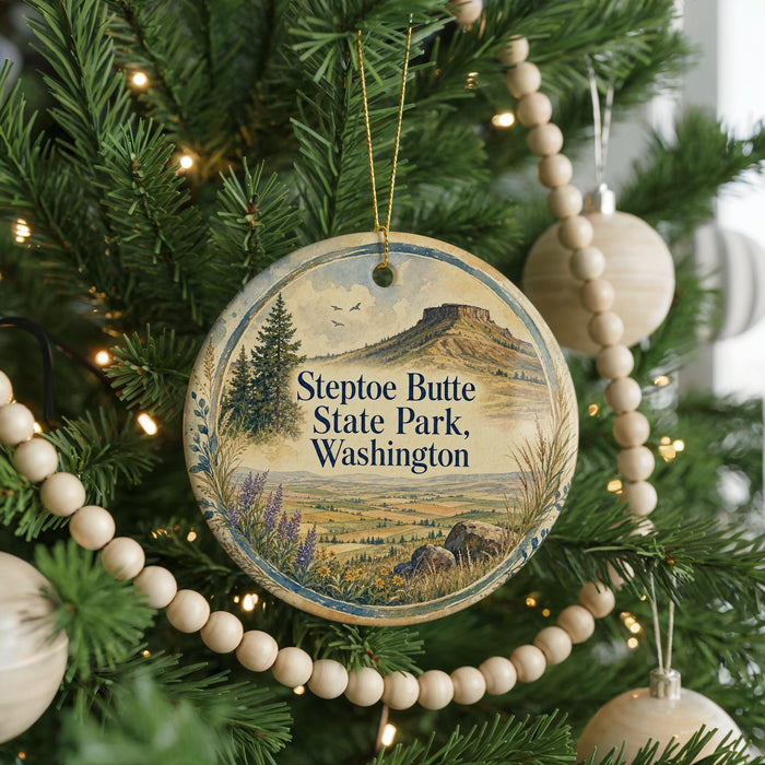 A round ornament hanging on a Christmas tree, featuring a scenic landscape with mountains and pine trees.