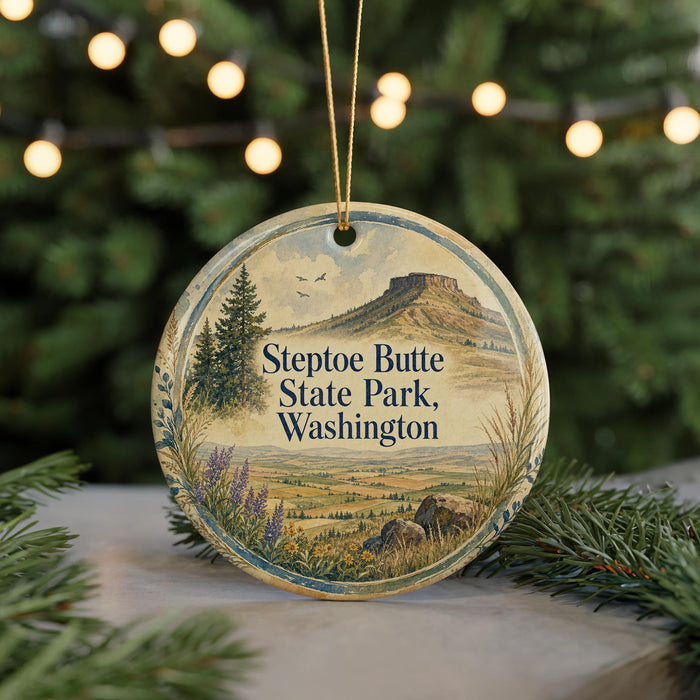 A round ornament with a scenic landscape of Stepoe Butte State Park, Washington, featuring a mountain, pine trees, and a field.