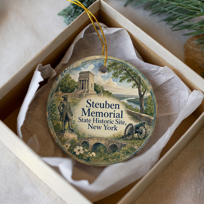 A round ornament with a painting of a historical monument and a statue, placed in a box with tissue paper.