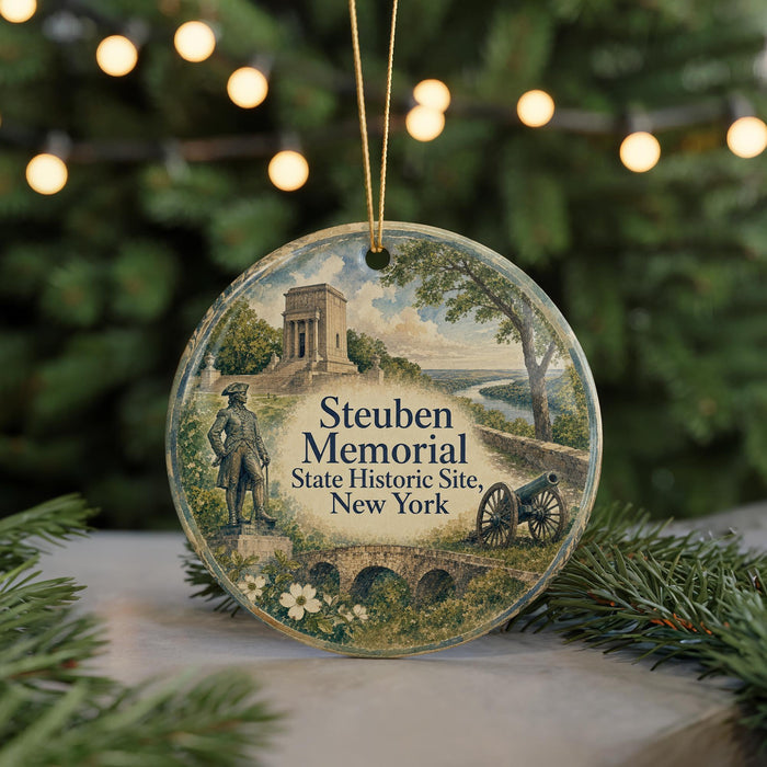 A round ornament with a painting of a monument and a cannon, surrounded by greenery and a string of lights.