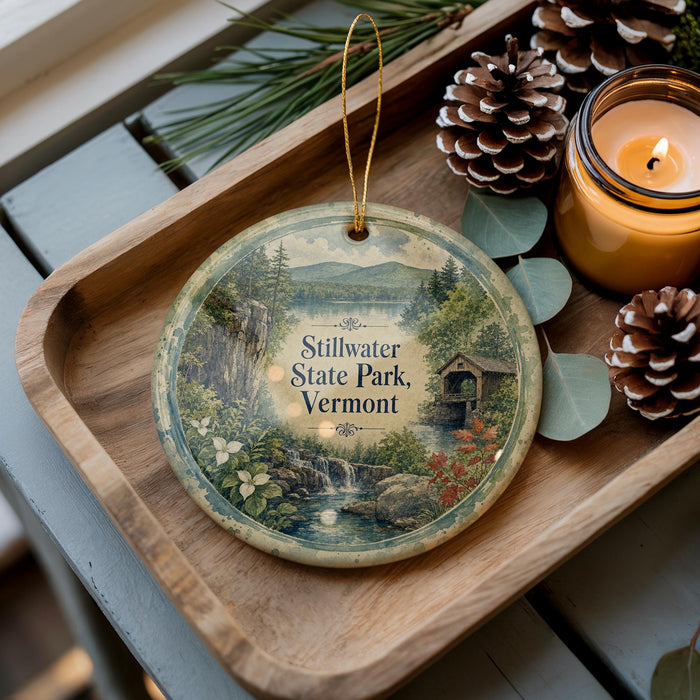 A decorative ornament featuring a scenic landscape of Stillwater State Park, Vermont, with a waterfall and pine trees. The ornament is displayed on a wooden tray, accompanied by a lit candle and pine cones.