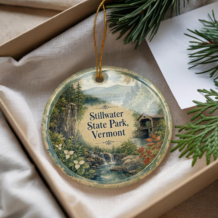 A decorative ornament with a scenic landscape of Stillwater State Park, Vermont, featuring a waterfall, pine trees, and a bridge.