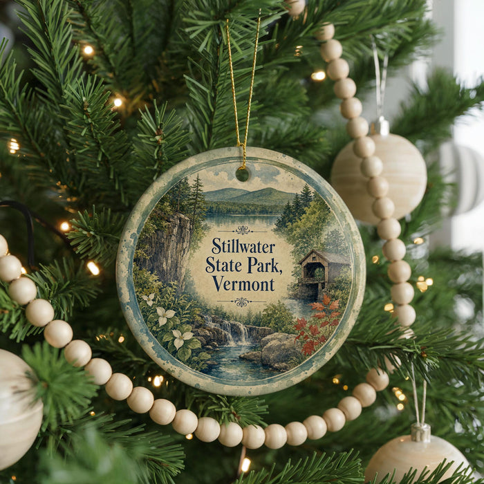 A round ornament hanging on a Christmas tree, featuring a scenic landscape with a waterfall and a bridge.