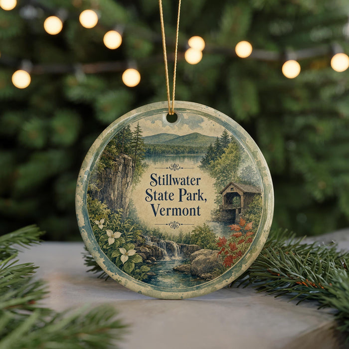 A round ornament featuring a scenic landscape with a waterfall, pine trees, and a bridge, hanging in front of a blurred Christmas tree.