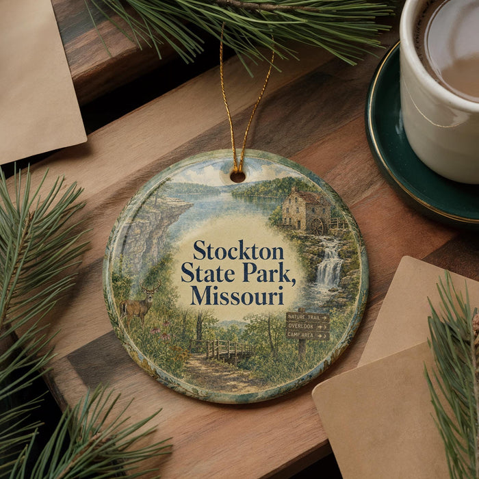 A decorative ornament with a scenic image of Stockton State Park, Missouri, featuring a waterfall, a cabin, and a path, is displayed on a wooden surface alongside a cup of coffee and some pine branches.
