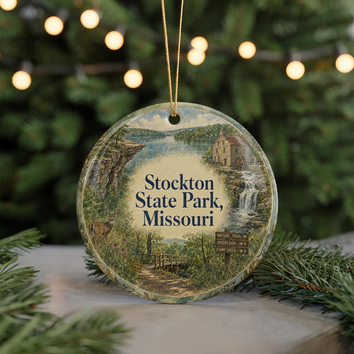 A round ornament with a scenic landscape of Stockton State Park, Missouri, featuring a waterfall, a bridge, and a path.
