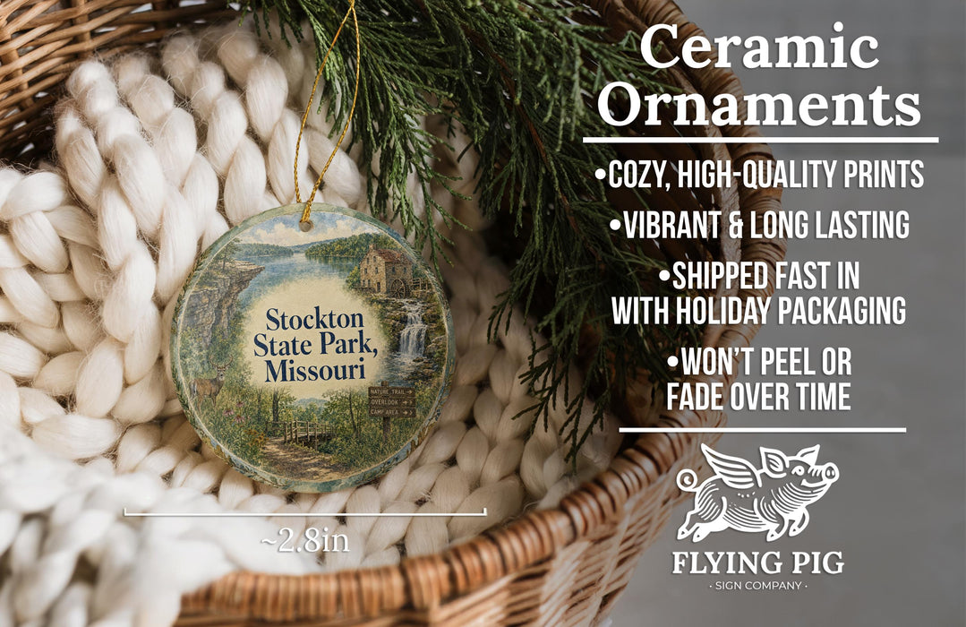 Ceramic ornaments, featuring a Stockington State Park, Missouri design, are displayed in a woven basket.