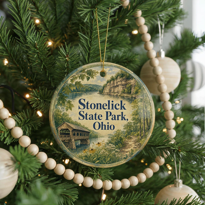 A round ornament hanging on a Christmas tree, featuring a scenic image of Stonelick State Park, Ohio.