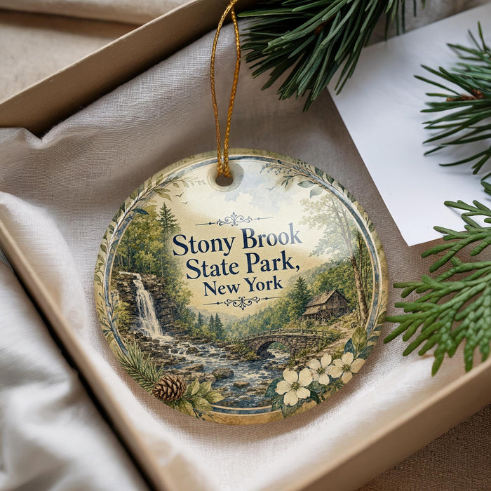 A decorative ornament with a scenic image of Stony Brook State Park, New York, hanging from a string.