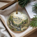 A decorative ornament with a scenic image of Stony Brook State Park, New York, hanging from a string.