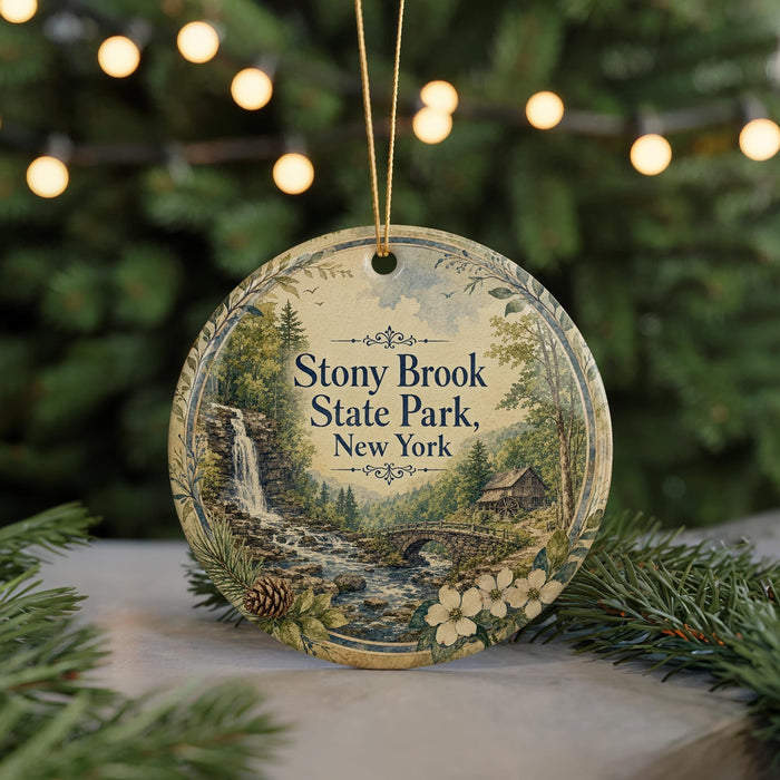A round ornament with a scenic image of Stony Brook State Park, New York, featuring a waterfall, bridge, and pine trees.