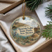 A decorative ornament with a scenic landscape of Storrie Lake, Storrie State Park, New Mexico, featuring a heron and other natural elements.