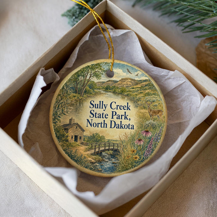 A round ornament with a scenic landscape of Sully Creek State Park, North Dakota, featuring a house, bridge, and wildlife.