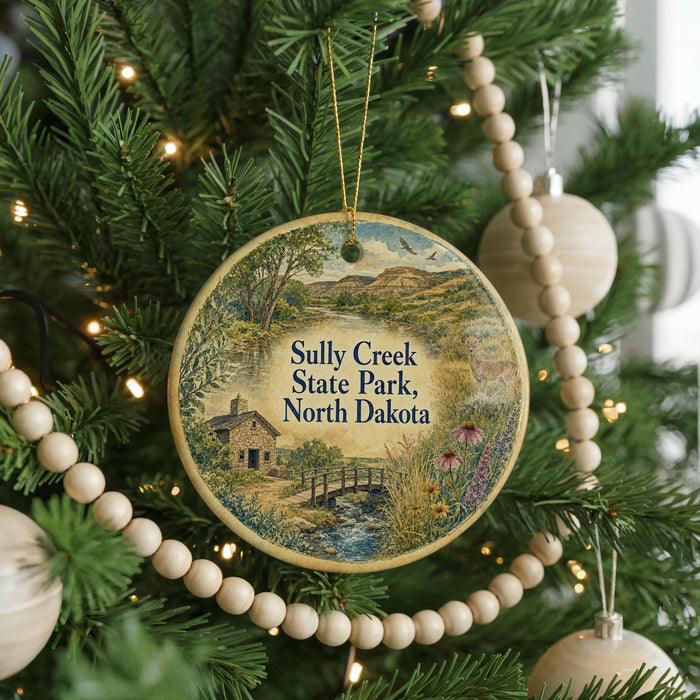 A round ornament hanging on a Christmas tree, featuring a scenic landscape with a house, bridge, and mountains in the background.