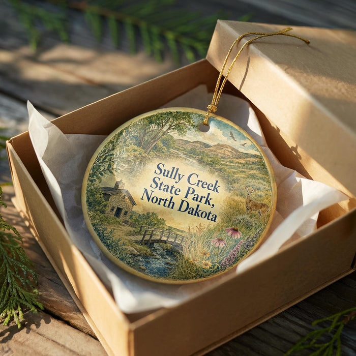 A decorative ornament in a box, featuring a scenic landscape with a house, bridge, and flowers, with the text "Sully Creek State Park, North Dakota" printed on it.