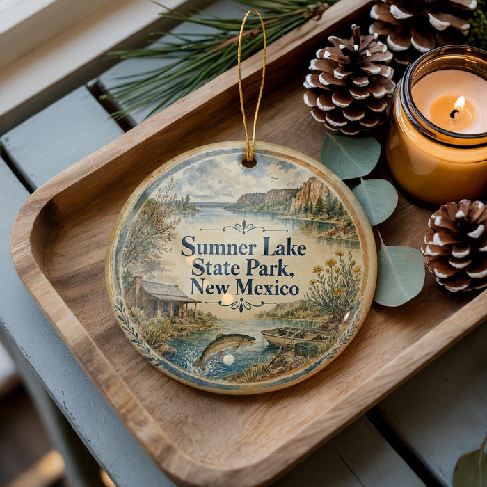 A decorative ornament with a scenic landscape of a lake and mountains, featuring the text "Summer Lake State Park, New Mexico" on it, placed on a wooden tray alongside pine cones and a lit candle.