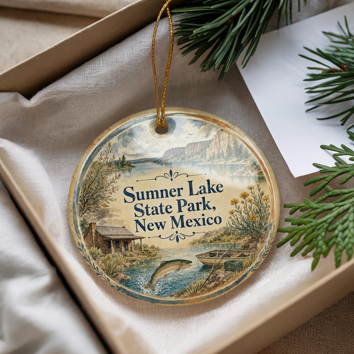 A decorative ornament with a scenic landscape of Sumner Lake State Park, New Mexico, featuring a fish, a cabin, and a river.