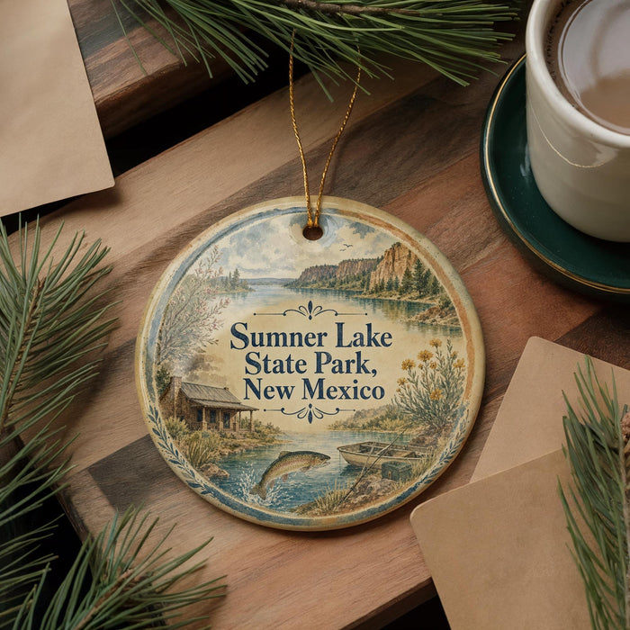 A decorative ornament featuring a scenic landscape of Summer Lake State Park, New Mexico, with a cabin and a lake in the background.